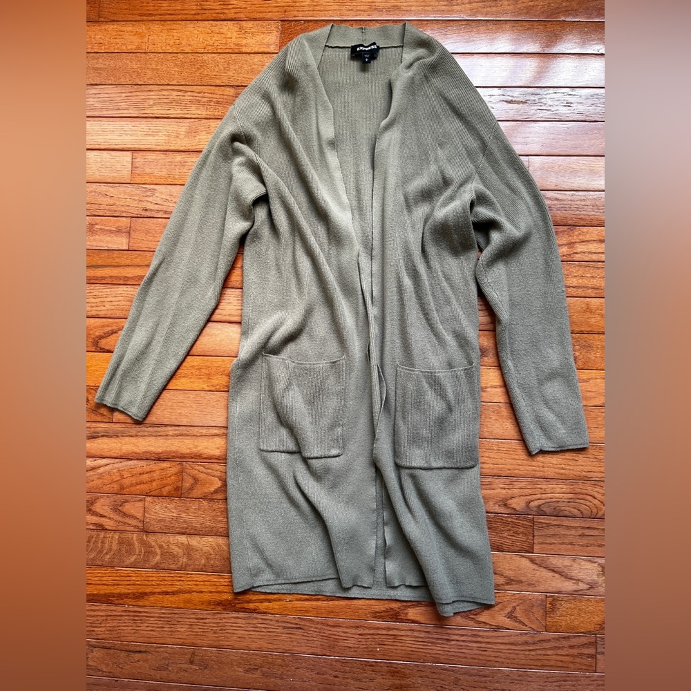 Express Sage Green Double-Pocket Open Knit Cardigan – Small